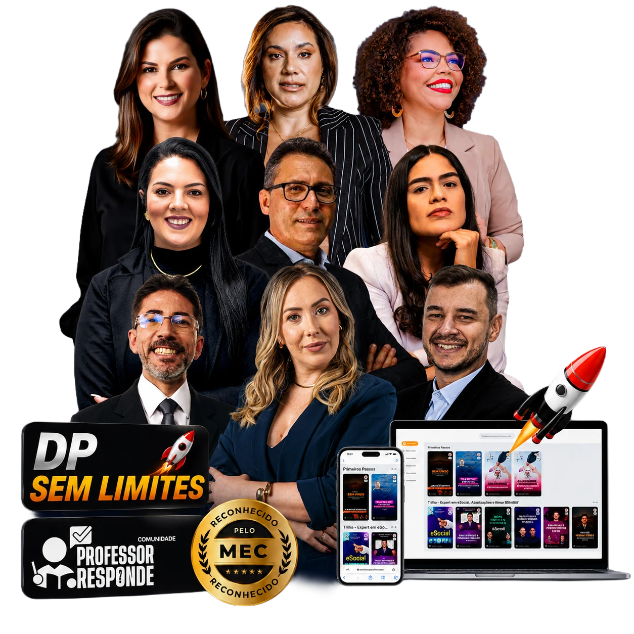 Combo DP Sem Limites: corpo docente, Professor Responde, Pós-Graduação reconhecida pelo MEC e a plataforma no notebook e no celular