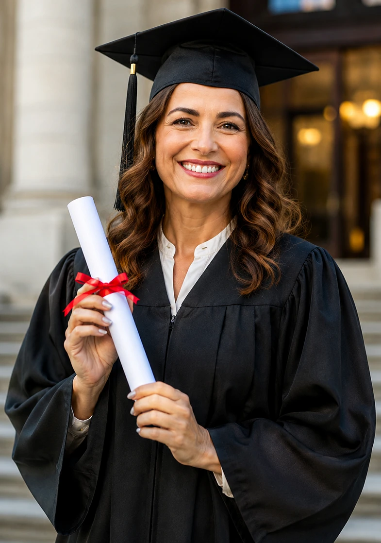 Profissional formada, de beca, segurando o diploma